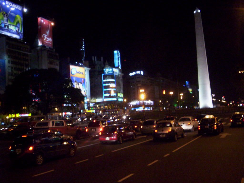 The Obelisco and Avenida 9 de Julio lit up at night in central Buenos Aires