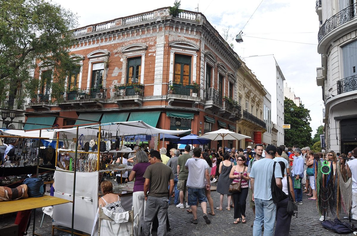 The Sunday market at Plaza Dorrego in San Telmo, where street tango unfolds