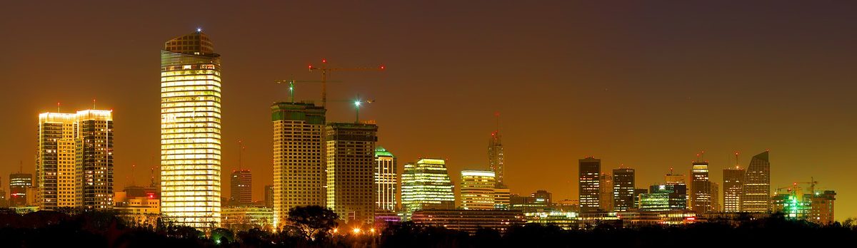 The illuminated high-rise hotels of Puerto Madero at night, Buenos Aires