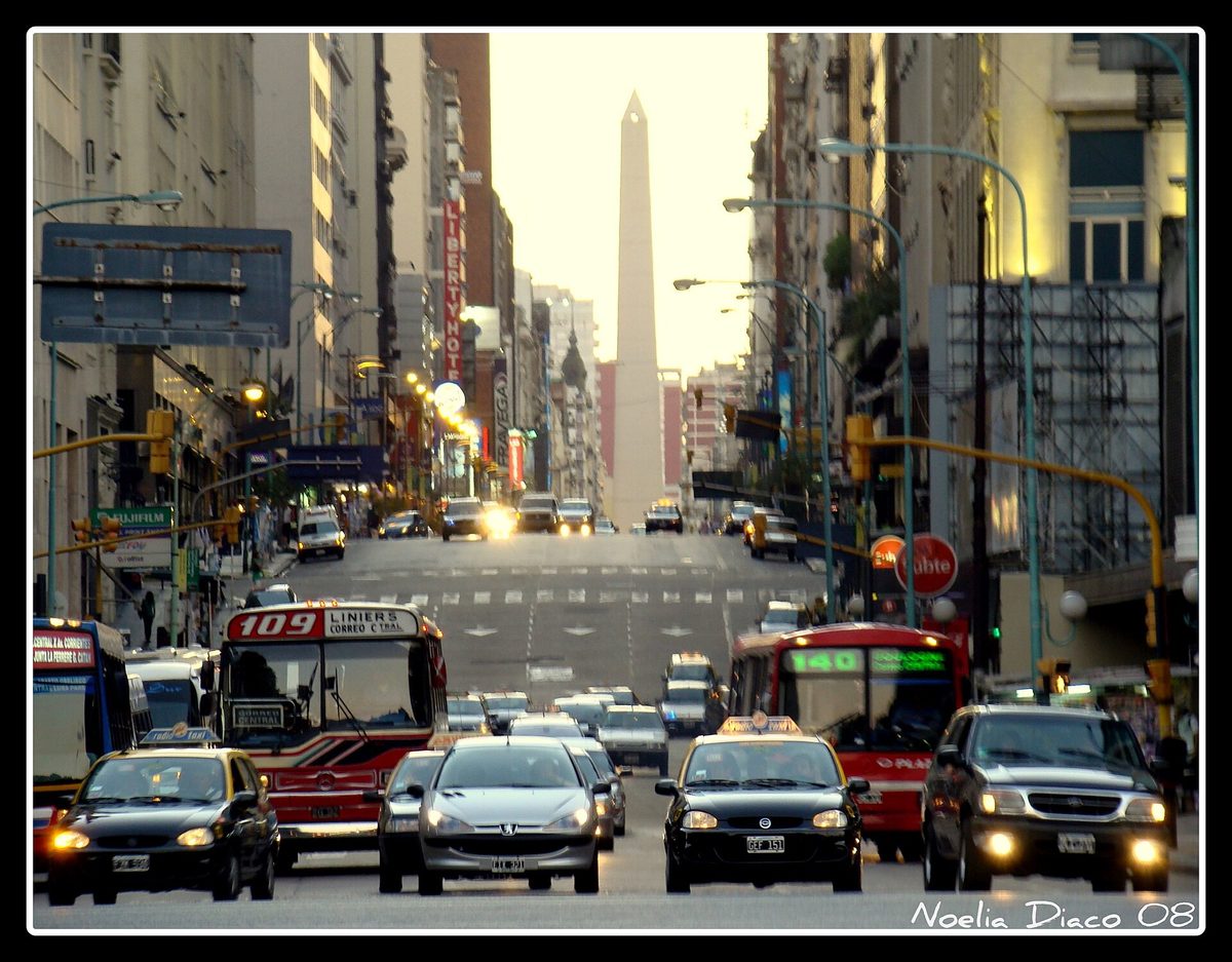 Corrientes Avenue at dusk looking toward the Obelisco in central Buenos Aires