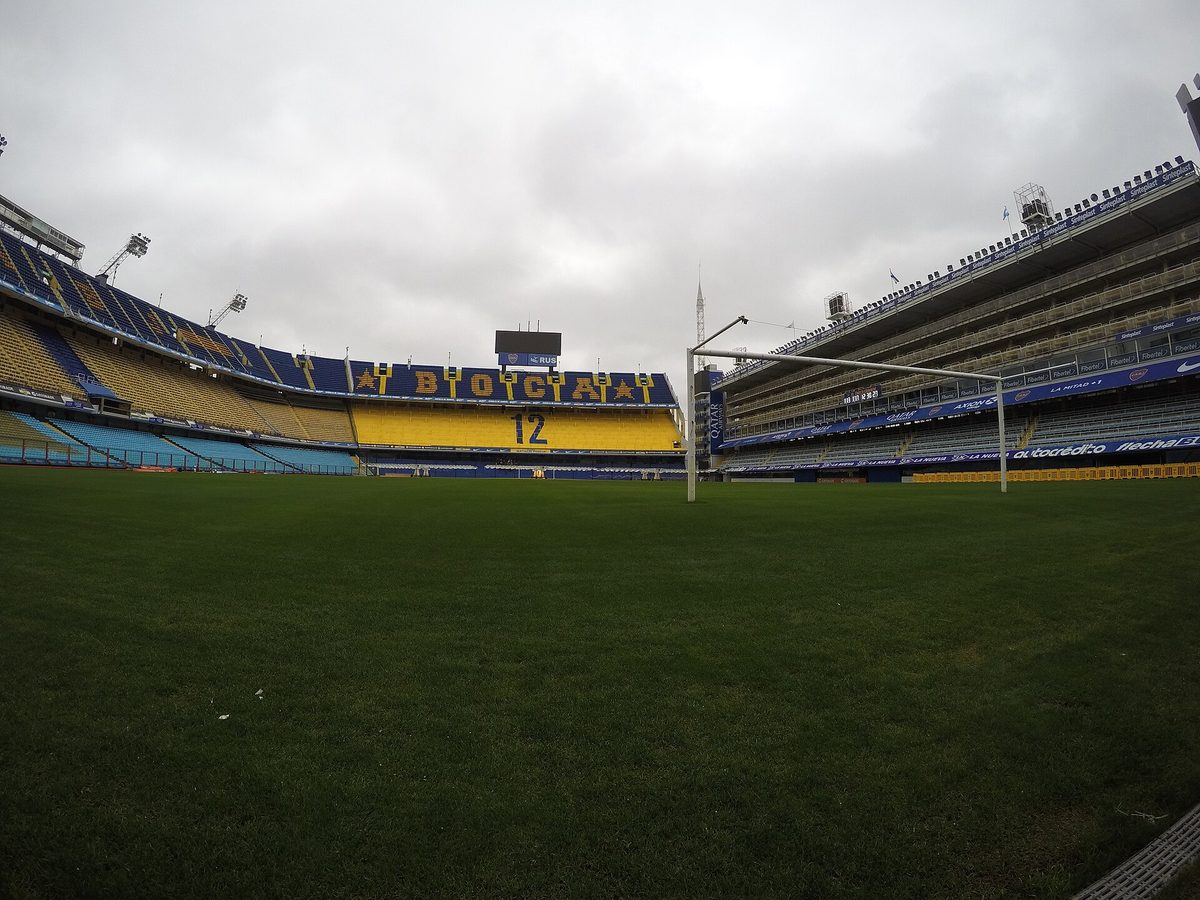 The steep three-sided stands of La Bombonera packed for a Boca Juniors match