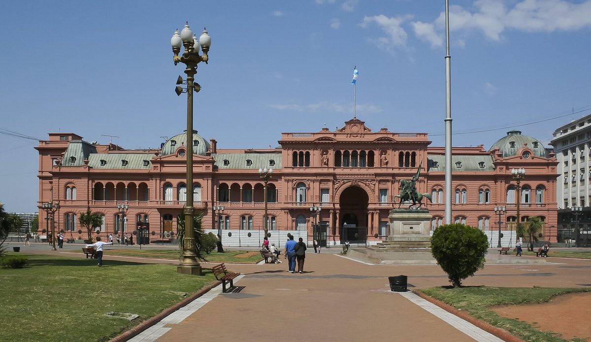 The pink facade of the Casa Rosada presidential palace on Plaza de Mayo, Buenos Aires