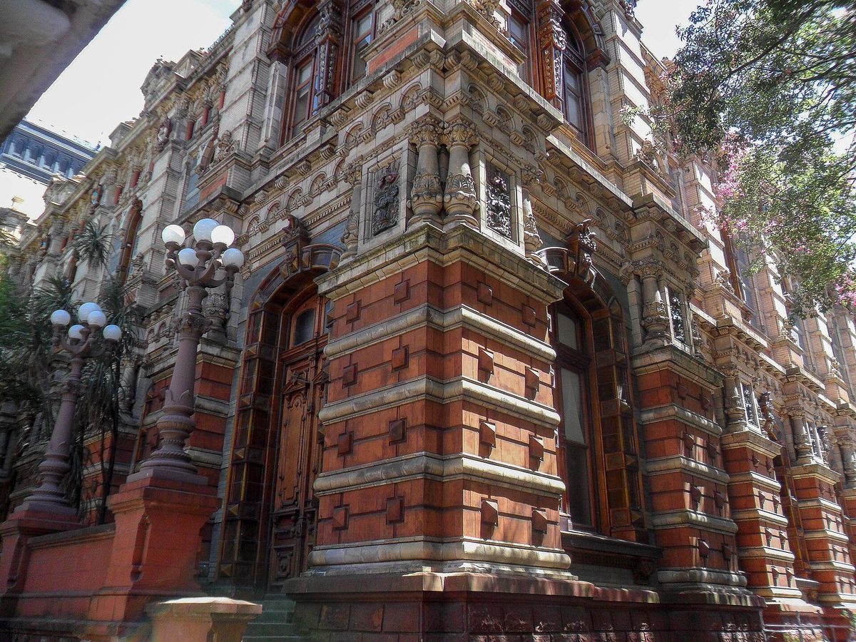The ornate glazed-tile facade of the Palacio de Aguas Corrientes water palace in Buenos Aires