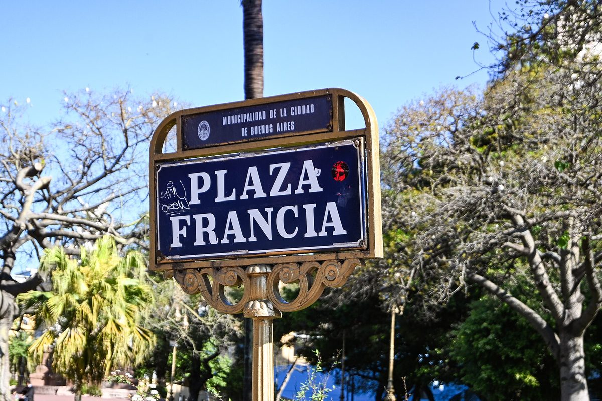Plaza Francia street sign in Recoleta, beside the leafy parkland where Buenos Aires families gather at weekends