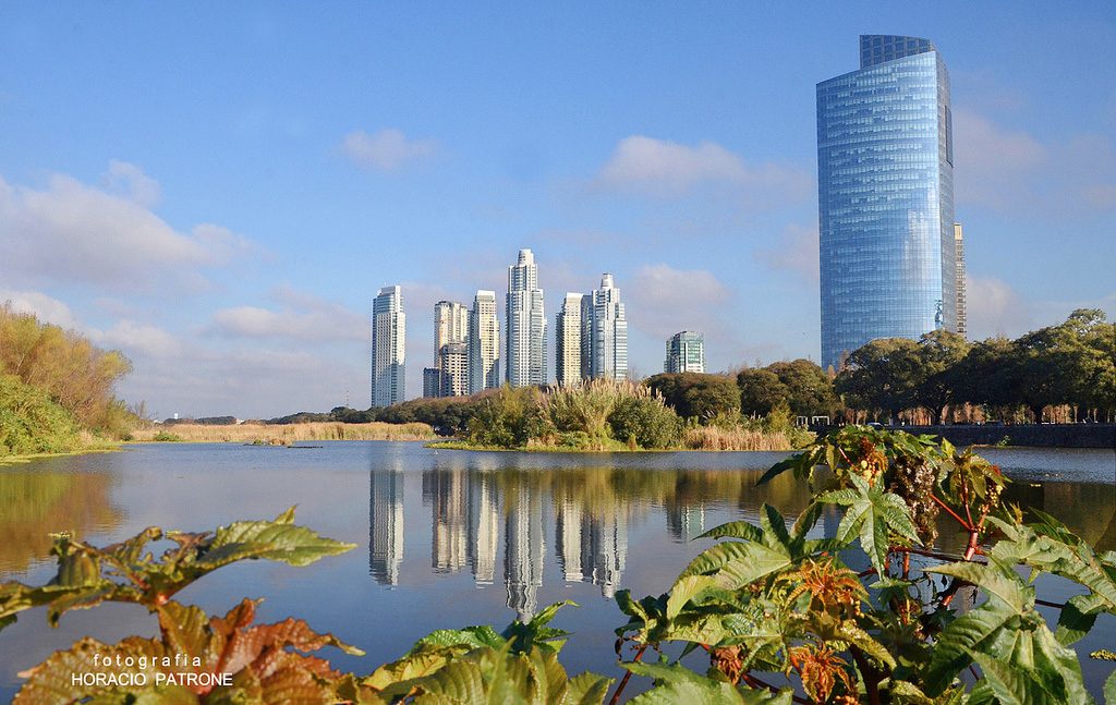 A lagoon in the Costanera Sur ecological reserve reflecting Puerto Madero towers, a breezy riverside retreat in Buenos Aires in summer