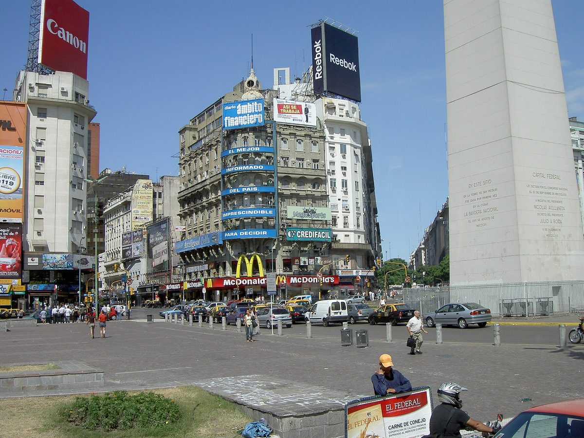 The Obelisco on Avenida 9 de Julio in Buenos Aires in winter under a clear sky