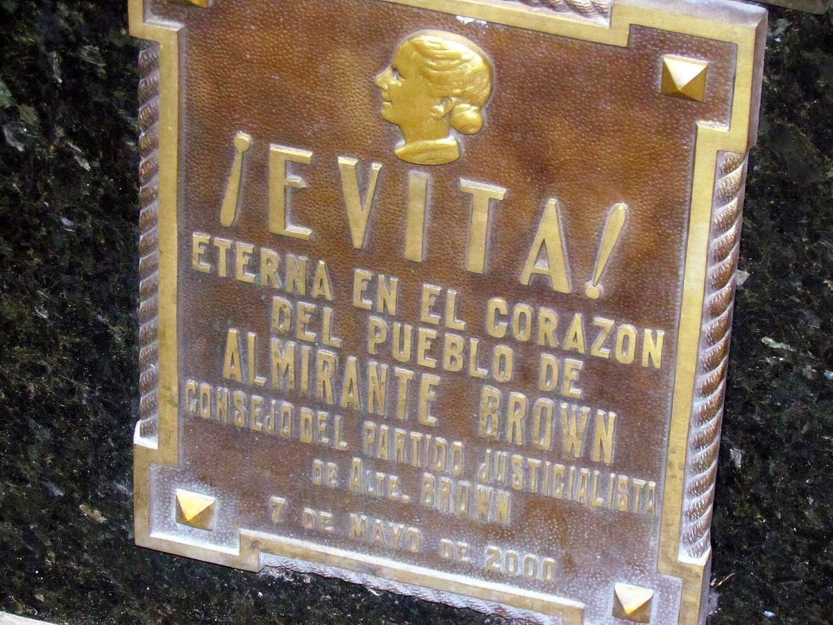 A bronze plaque honouring Eva Peron at her family tomb in Recoleta Cemetery, a top first-timer sight in Buenos Aires