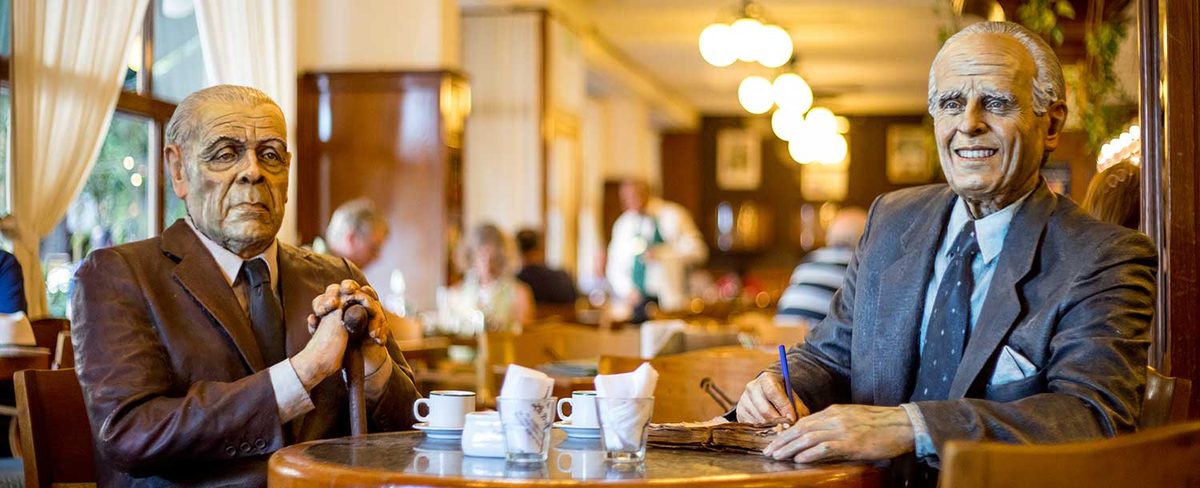 Bronze statues of Borges and Bioy Casares seated inside La Biela, a classic bar notable in Recoleta, Buenos Aires