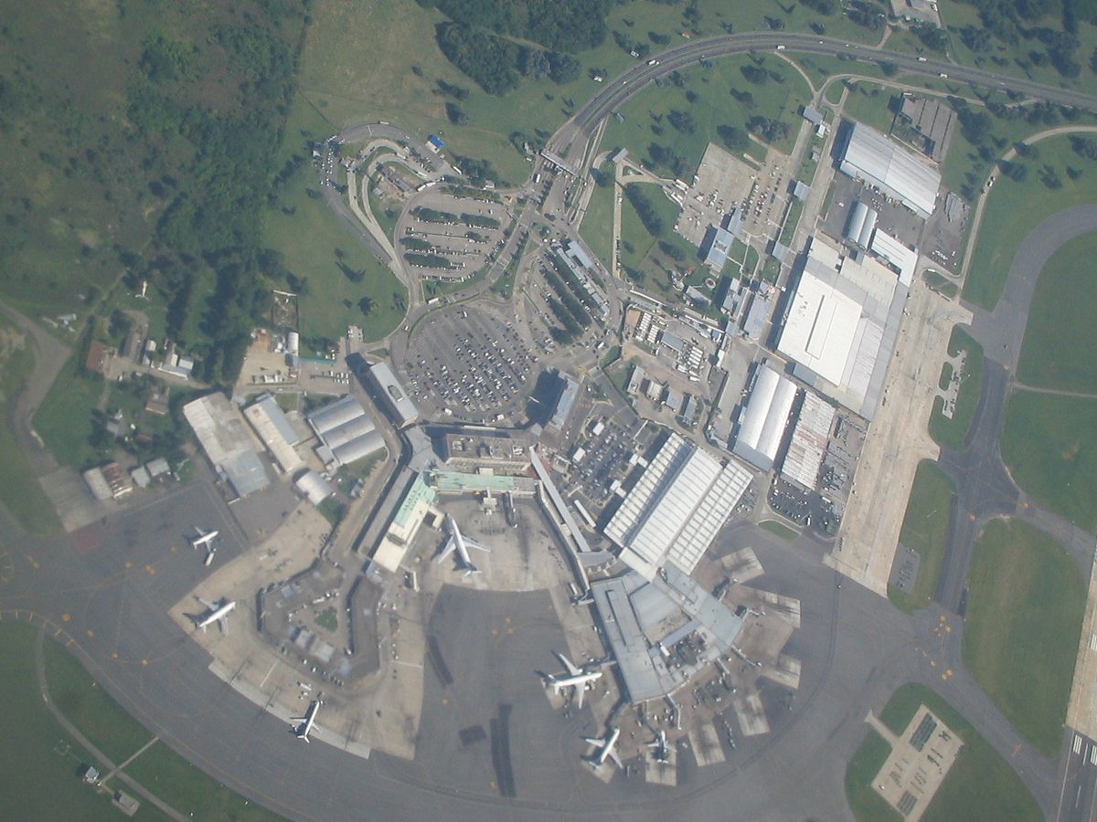 Aerial view of Ezeiza International Airport (EZE) terminals and apron near Buenos Aires