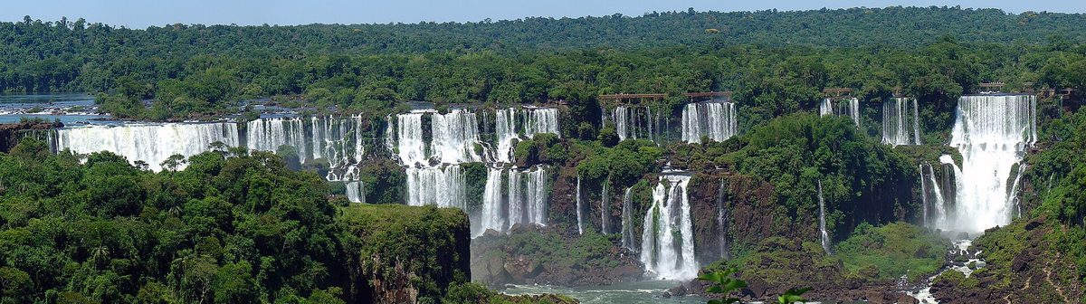 Panorama of the many cascades of Iguazu Falls from Buenos Aires tumbling through green jungle