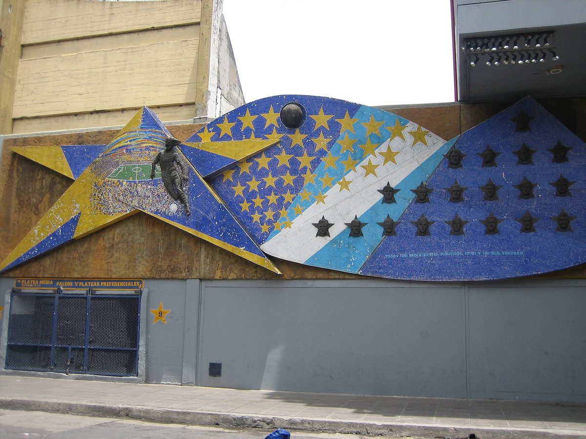 The mosaic of championship stars on La Bombonera's exterior wall in La Boca