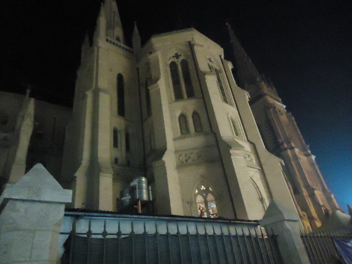 The illuminated Basilica de Luján at night seen from the plaza