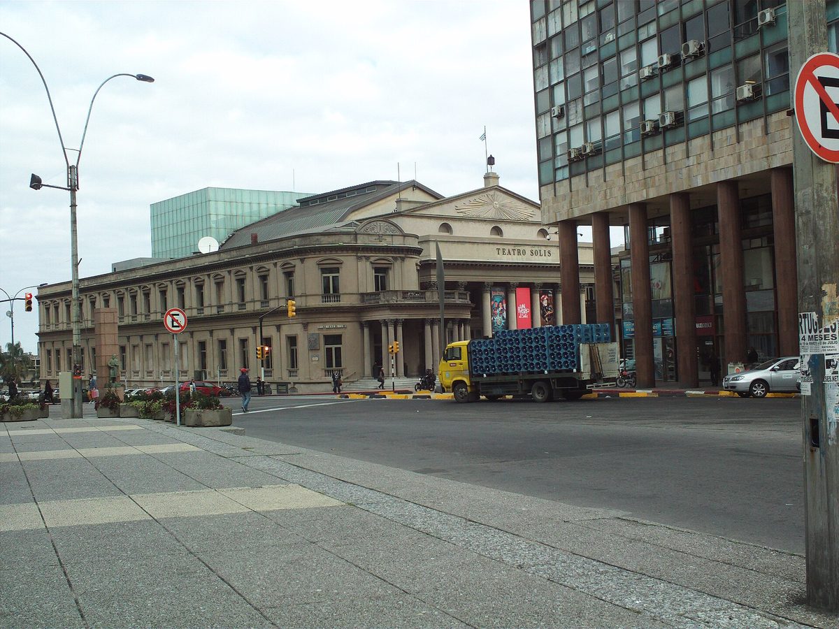 The neoclassical facade of the Teatro Solis near Plaza Independencia in Montevideo