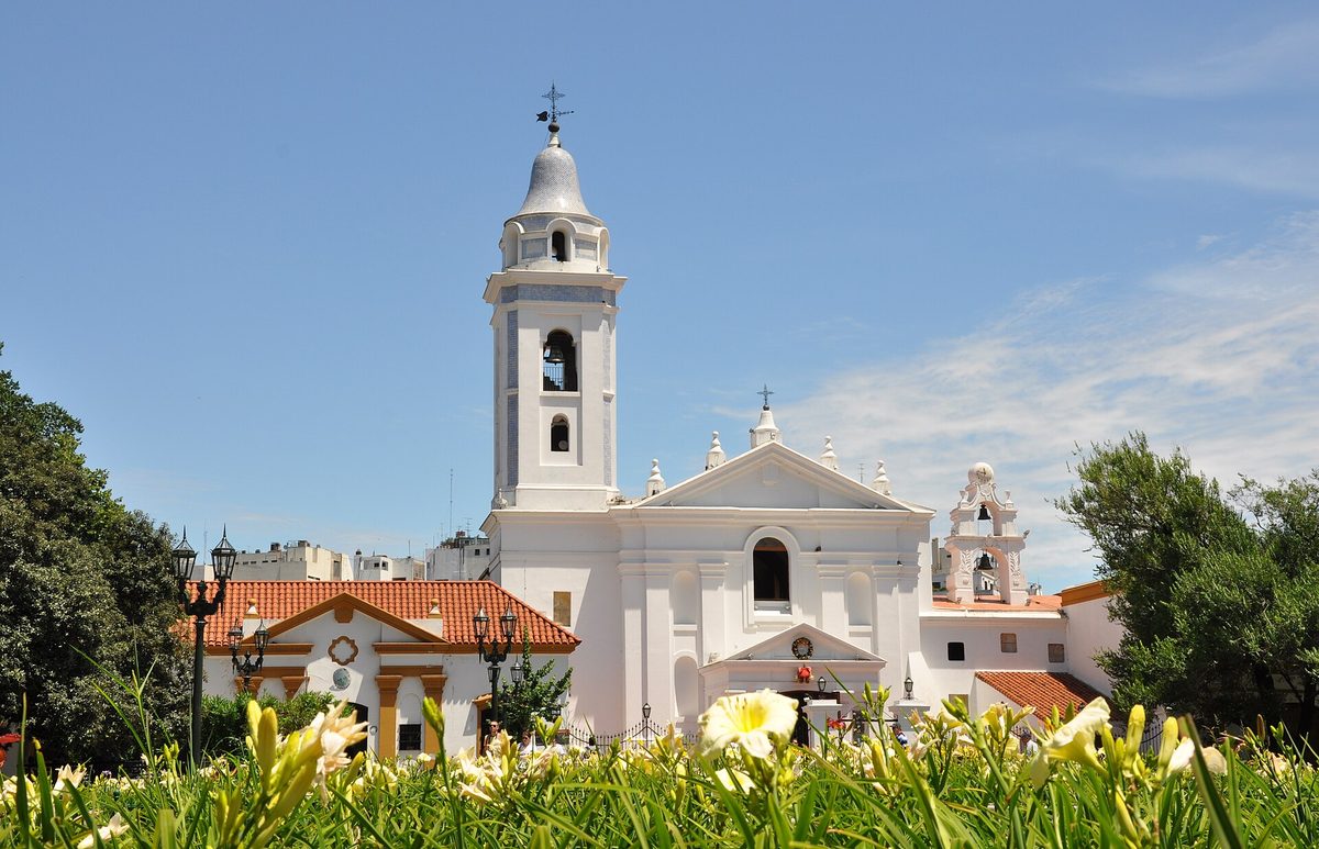 The white colonial Basilica del Pilar church beside Recoleta Cemetery in Buenos Aires