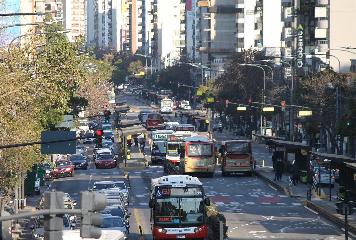 Cars, buses and taxis in traffic on Avenida Cabildo in Buenos Aires