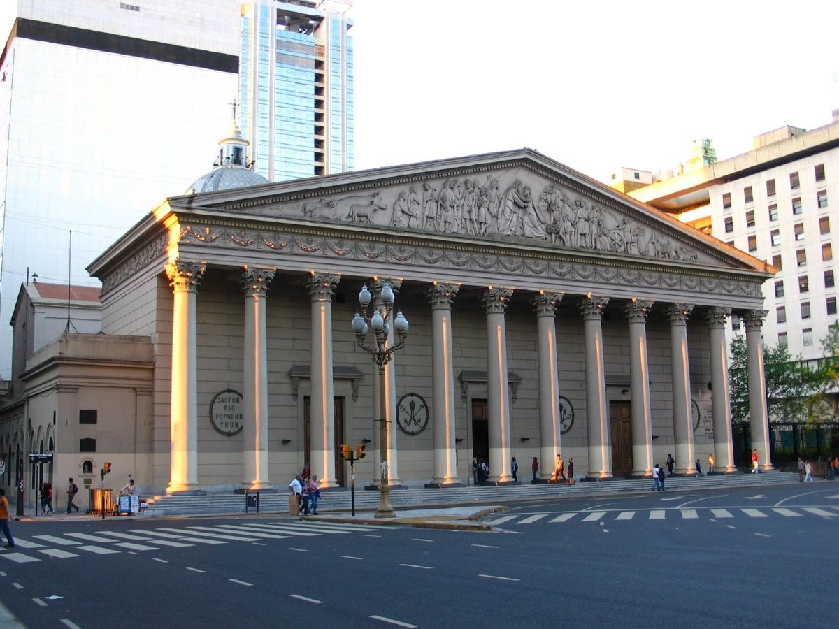 The neoclassical columned facade of the Metropolitan Cathedral on Plaza de Mayo, where Pope Francis once led mass