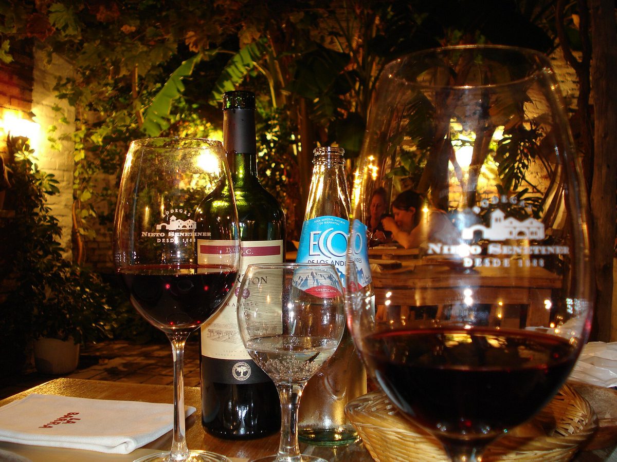 A glass of deep red Malbec on a wooden table at a wine tasting buenos aires session